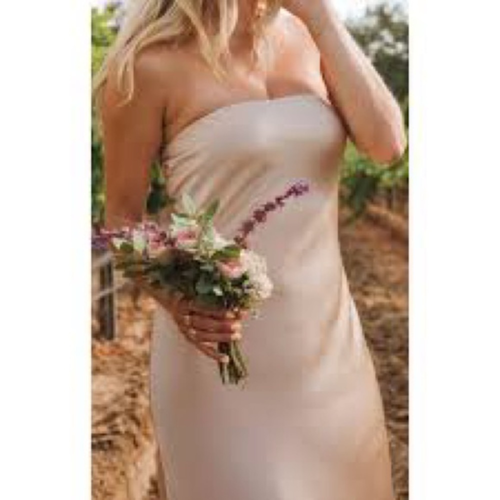 Show me your muumuu, strapless, champagne, satin maxi dress
